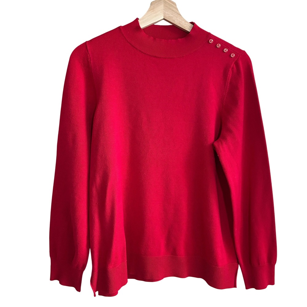Carolyn Taylor Button Shoulder Mock Neck Sweater Large Red Womens Rayon Blend